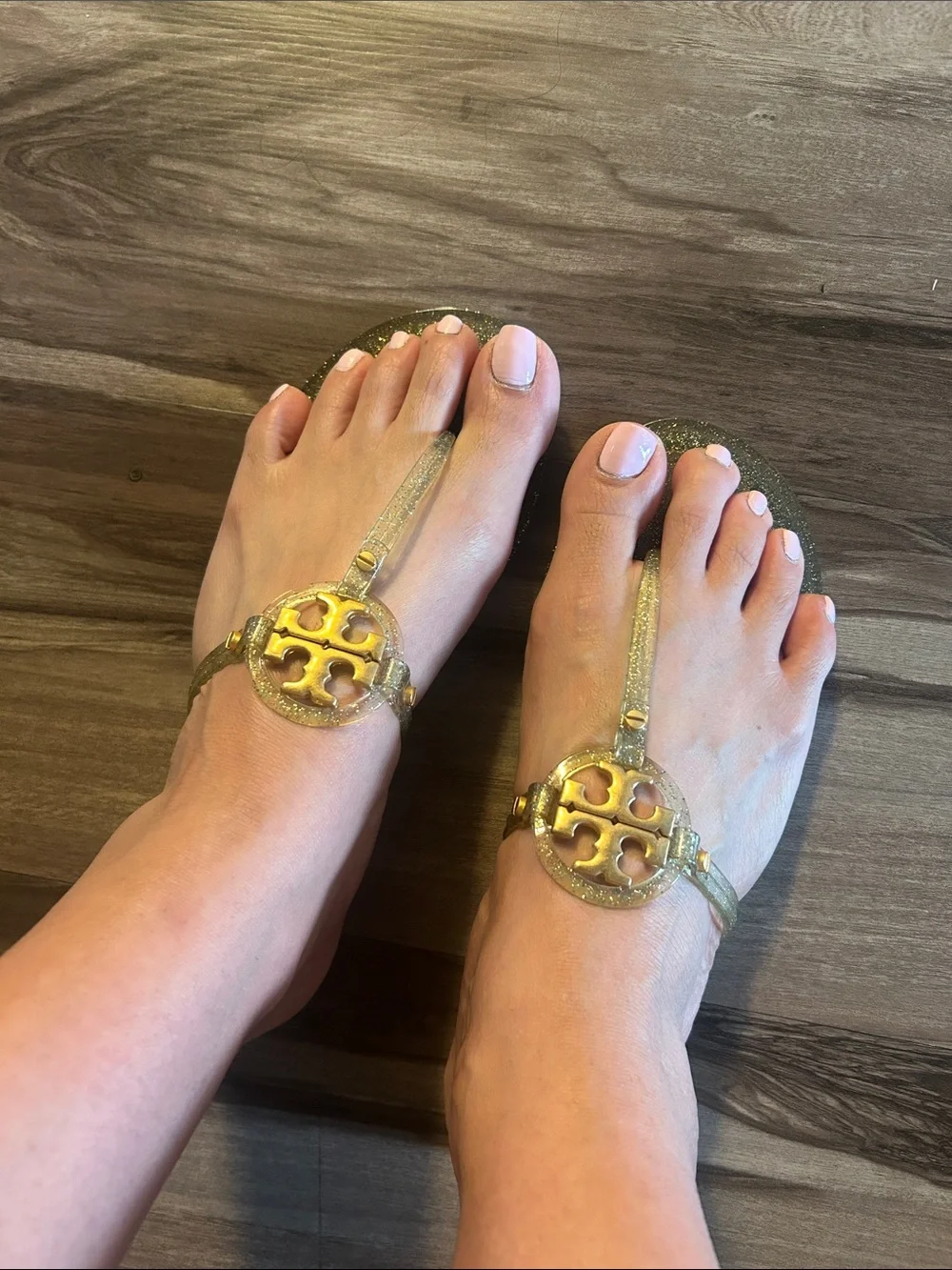 Tory Burch Metallic Gold Logo T-Strap Sandals